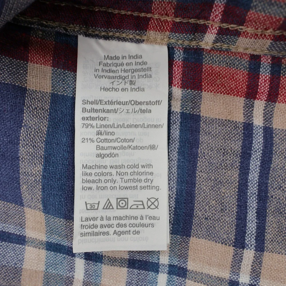J. Crew Linen Blend Short Sleeve Button Down Shirt Blue Plaid Slim Fit Mens L - Picture 5 of 8